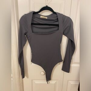 QINSEN Women's Sexy Square Neck Bodysuit Long Sleeve Double Lined Shirt Tops